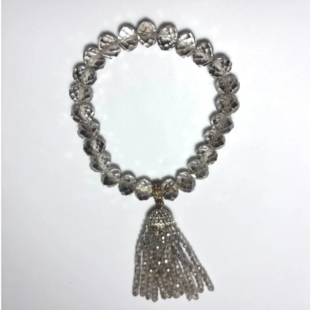 Clear Faceted Beaded Stretch Bracelet with Rhinestone Pave Beaded Tassel Charm